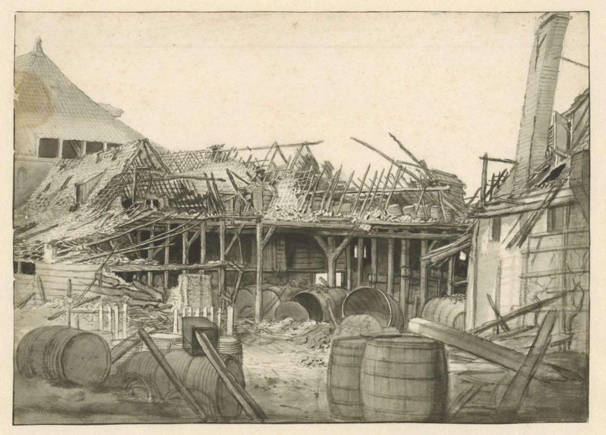 Remains of a burned-out warehouse, Jan van der Heyden, 1680 - 1690