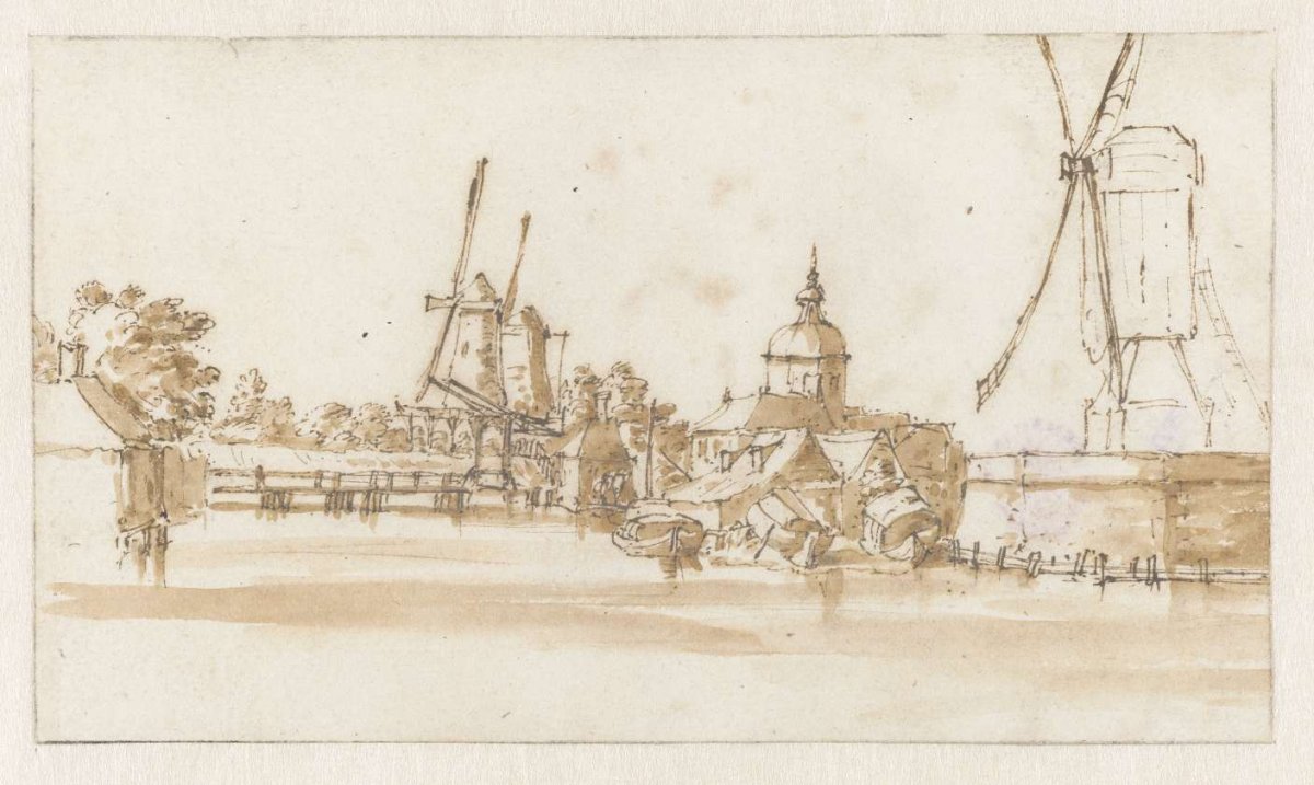 Mills on the rampart on either side of the Morspoort in Leiden, Jan de Bisschop, 1668 - 1697