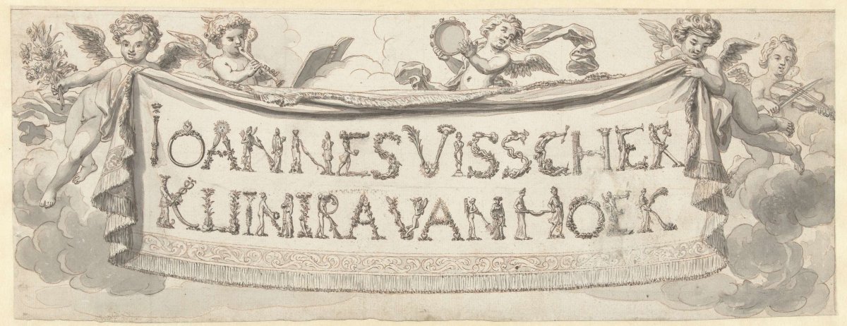 Putti with a banner bearing the names of Johannes Visscher and Kuinira van Hoek, Philip Tidemann, 1667 - 1705