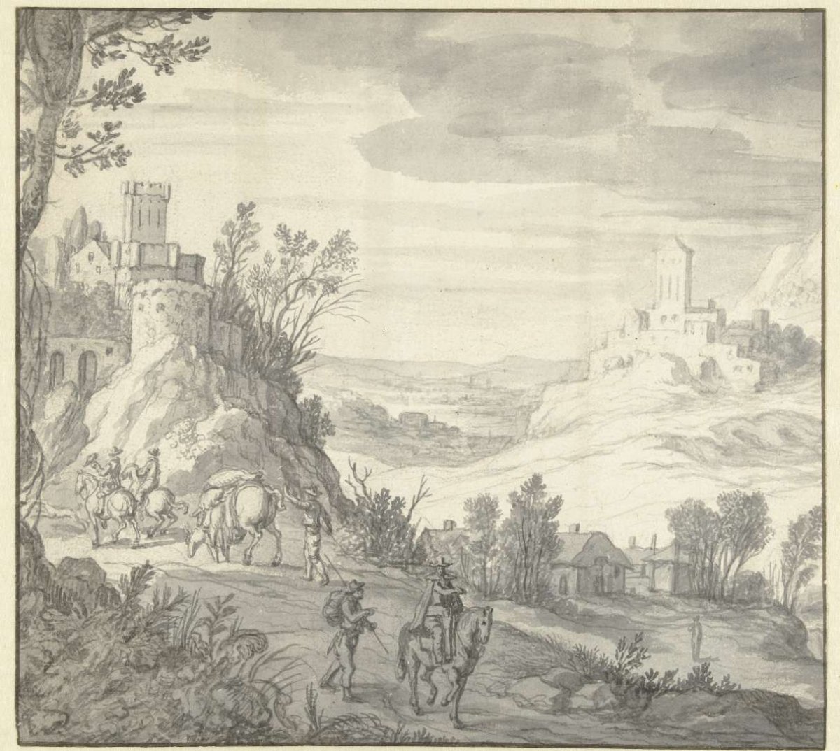 Mountain landscape with a castle, Adriaen van Nieulandt (I), 1597 - 1658