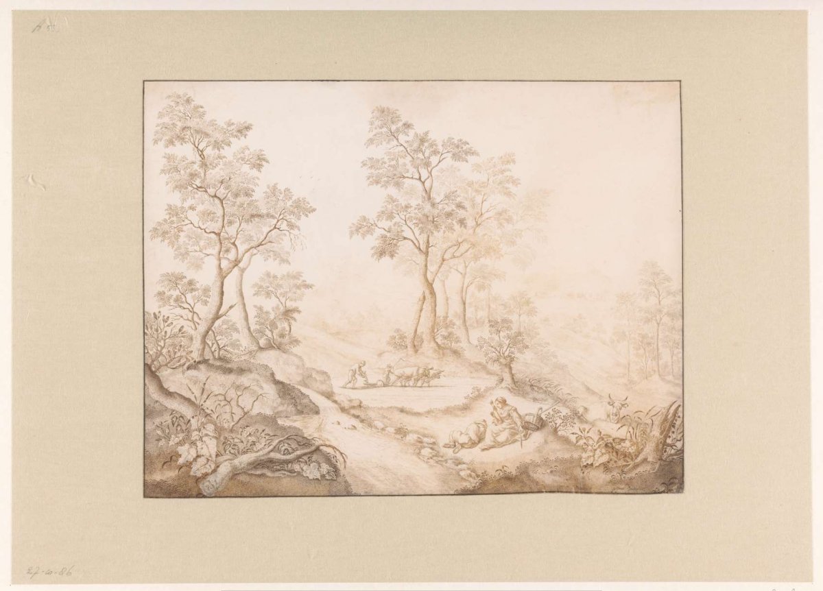 Wooded landscape with woman, man and a farmer, Pieter de Porck, 1640 - 1660