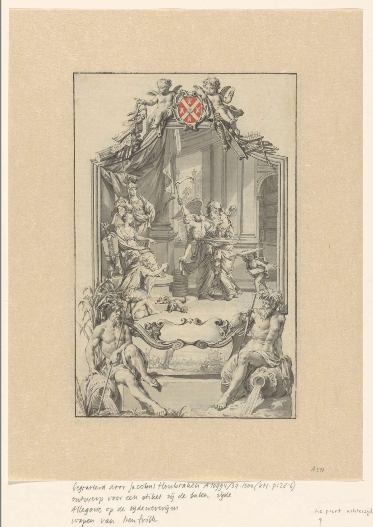 Allegory of the silk industry in Amsterdam with the City Virgin receiving bales of silk, Nicolaas Verkolje, c. 1720 - c. 1725