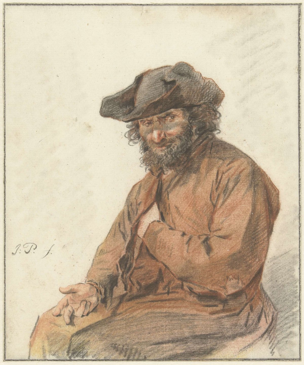 Seated man with long curly hair and black hat, Jacob Perkois, 1790