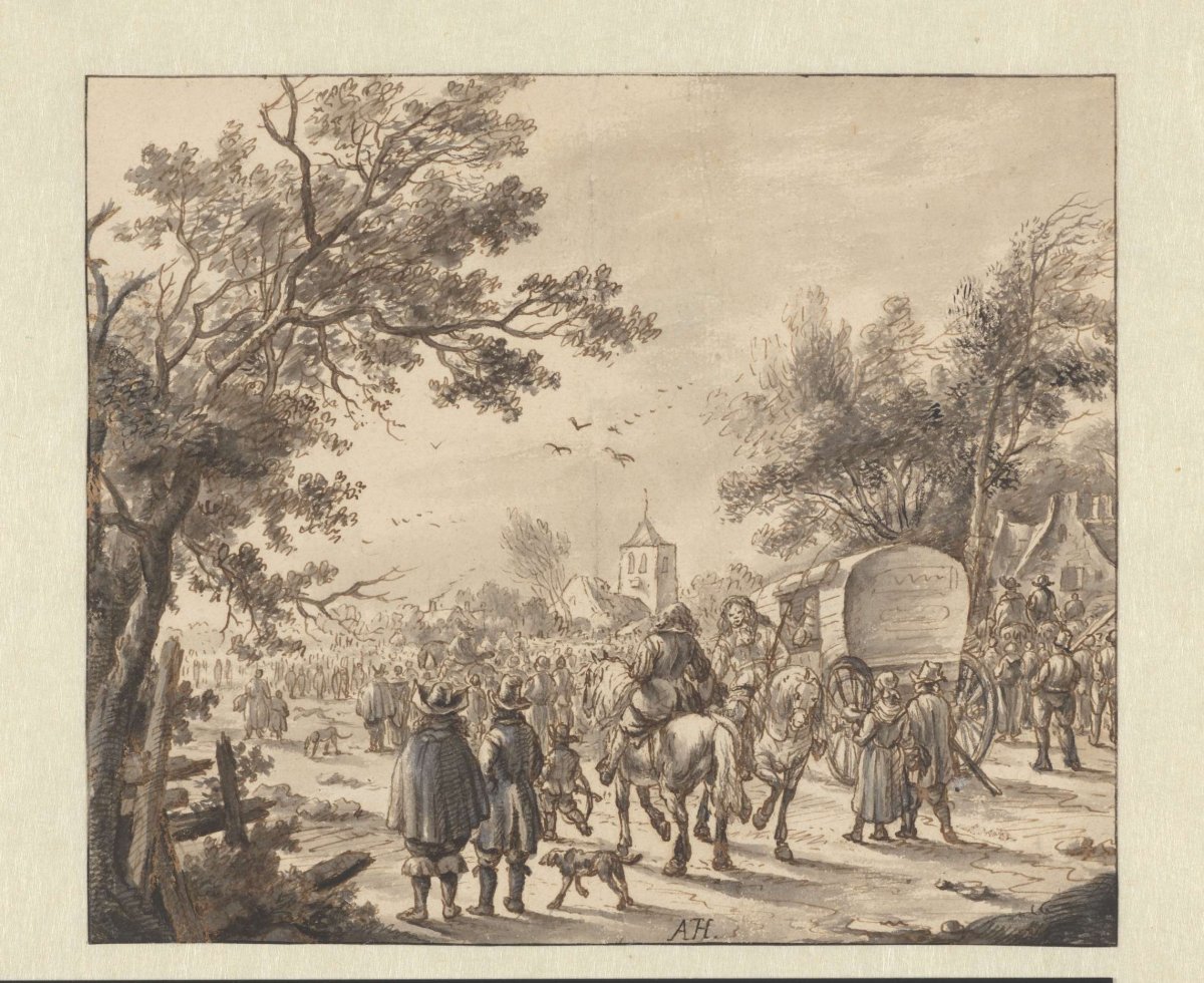 Large crowd gathered at a village, Aarnout ter Himpel, 1644 - 1686