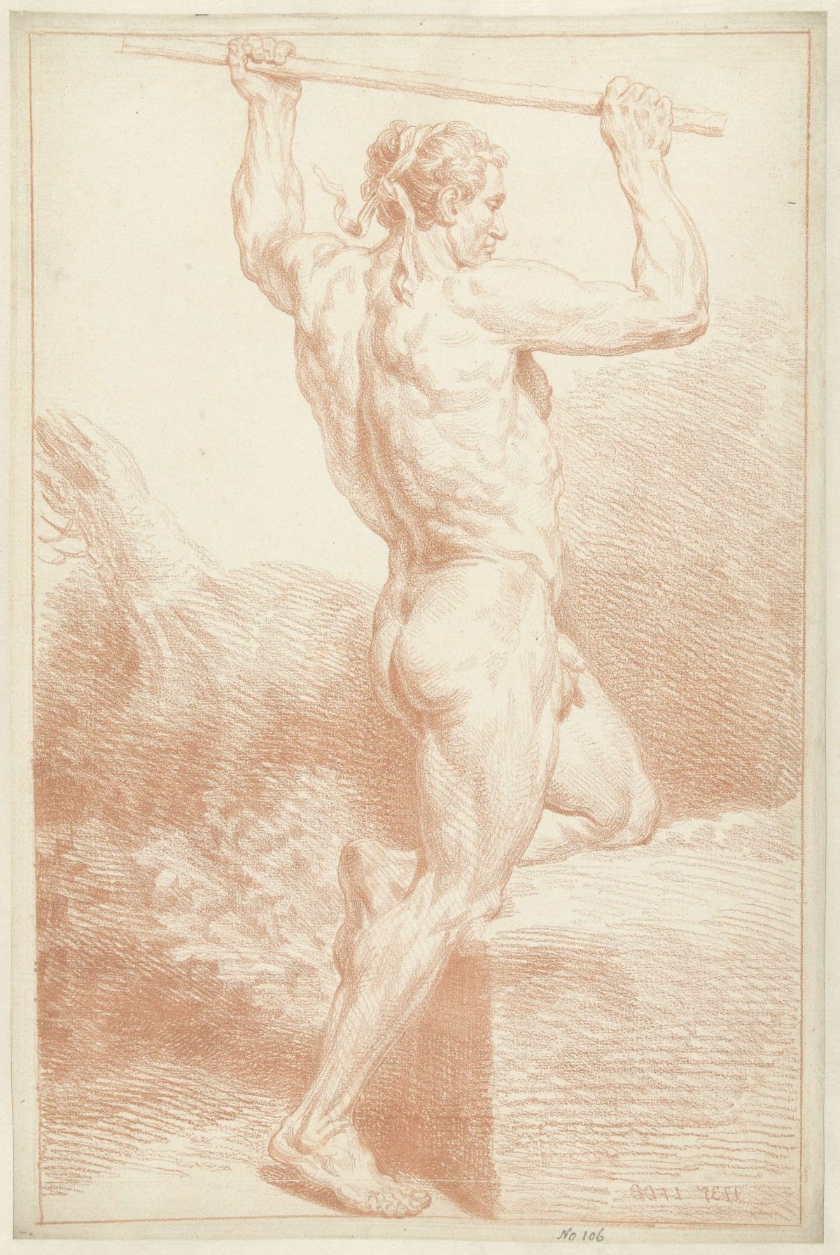Study of a male nude, on one knee, holding a cane above his head, Louis Fabritius Dubourg, 1735