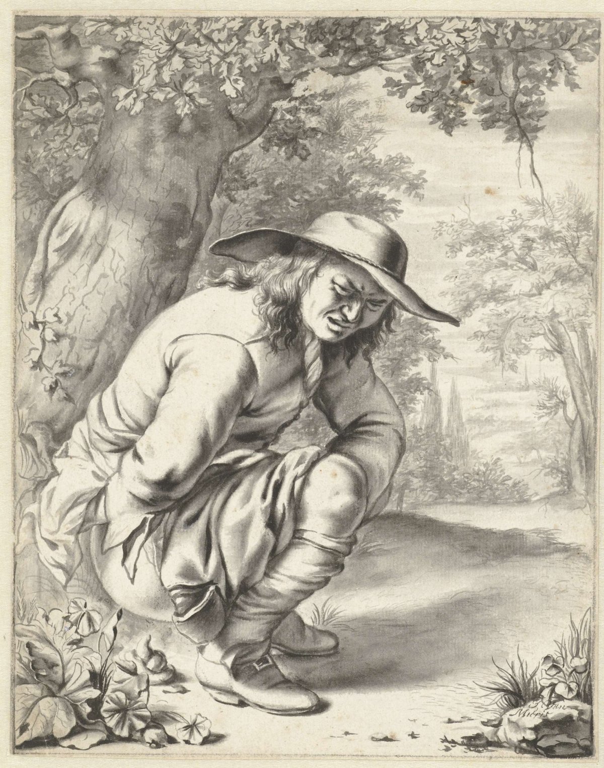 A man squats to relieve himself near a tree, Jan van Mieris, 1670 - 1690