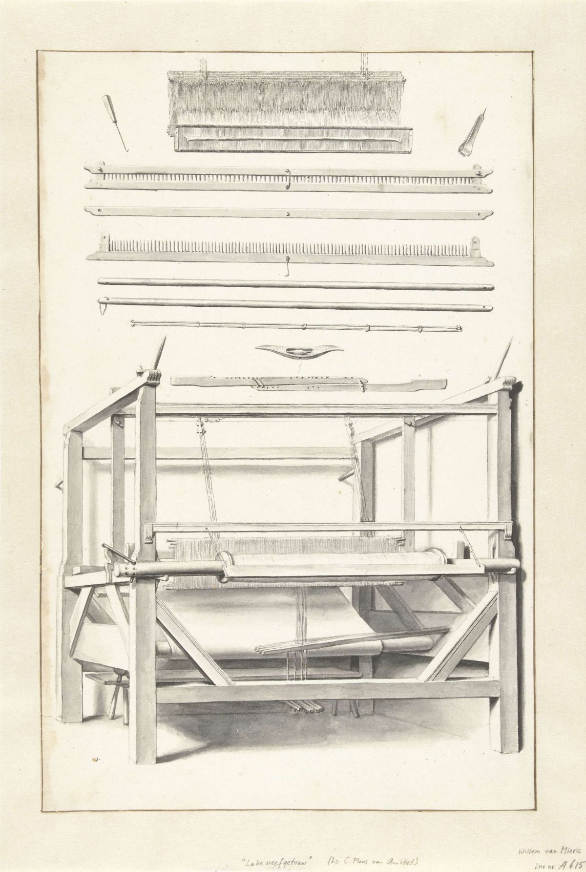 Cloth making: a loom and some loose parts, Willem van Mieris, 1672 - 1747