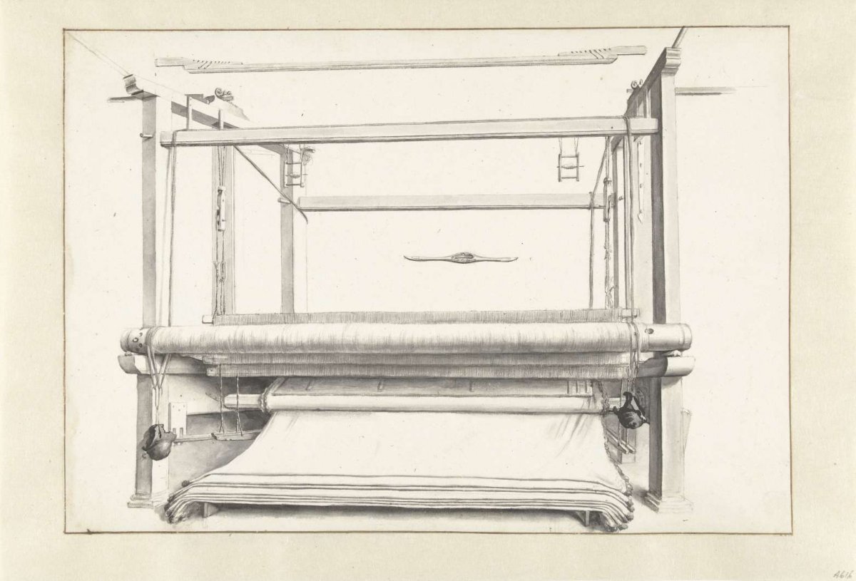 Cloth making: a loom and some loose parts, Willem van Mieris, 1672 - 1747