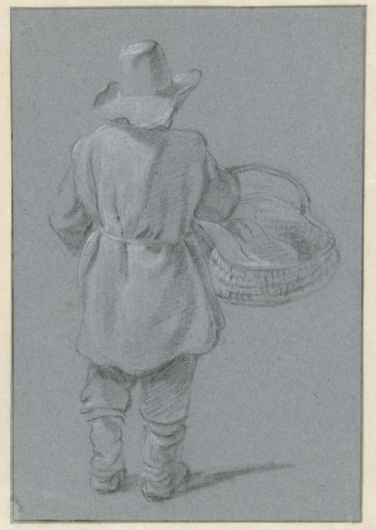 Standing man with basket, seen from the back, anonymous, 1600 - 1699