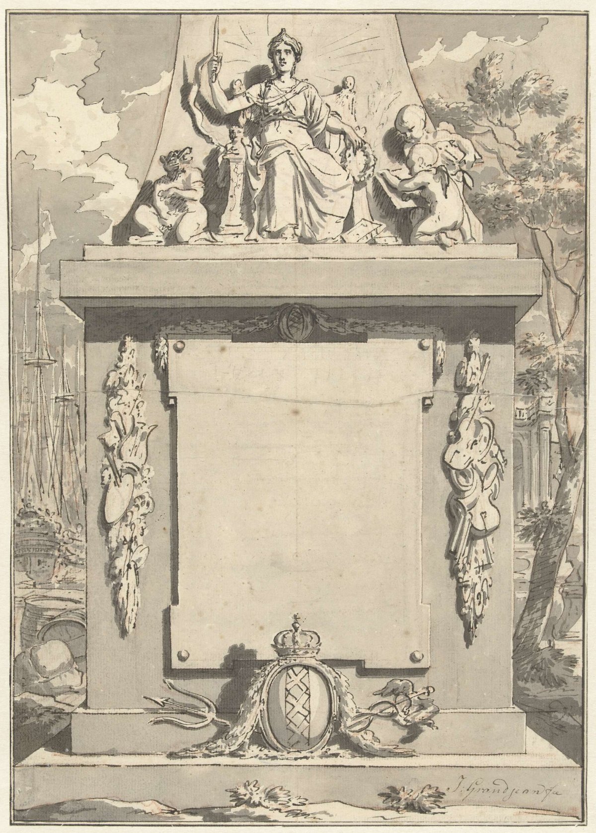 Monument with attributes of Amsterdam, merchant shipping and the arts, Jean Grandjean, 1765 - 1781