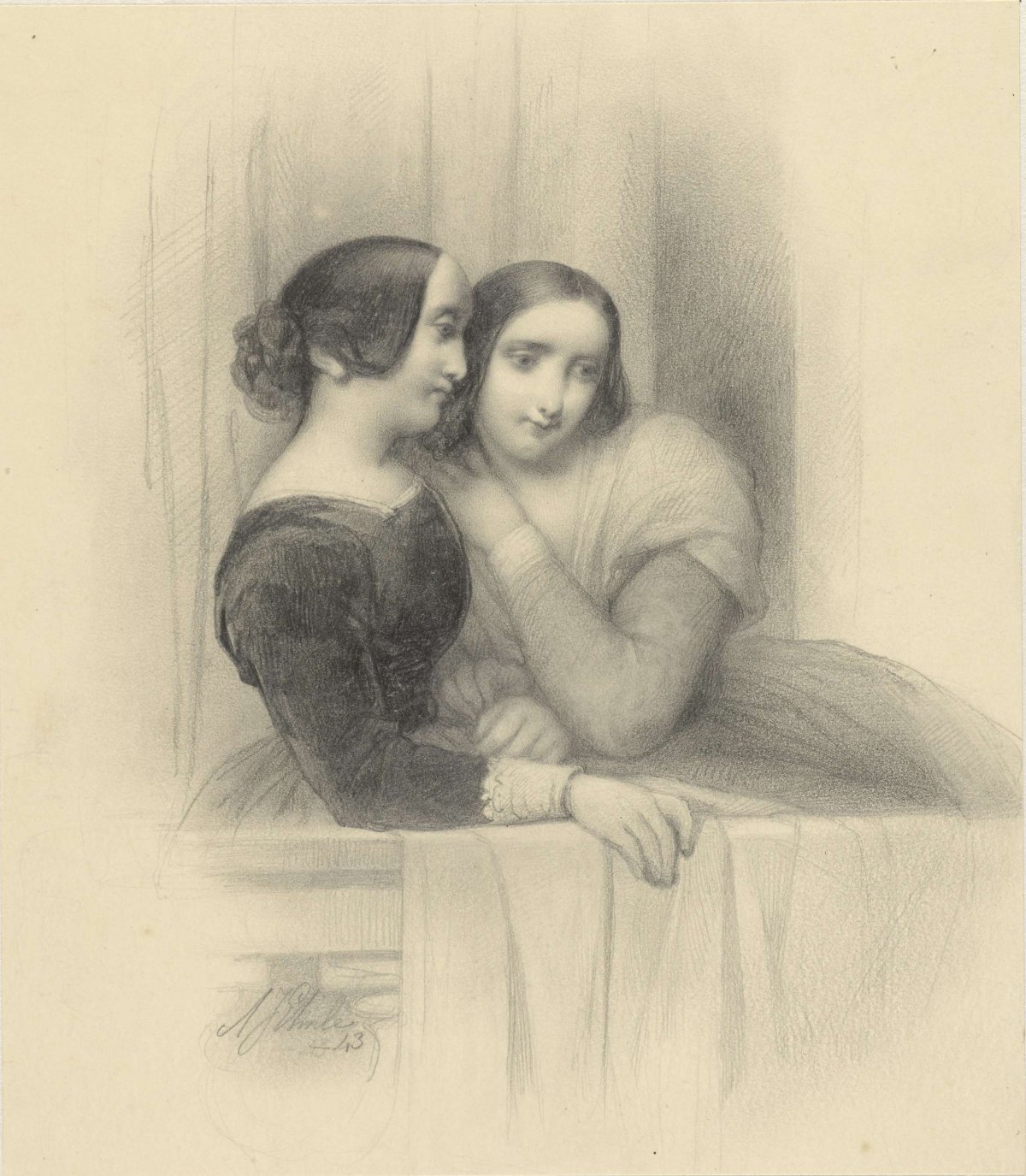 Two ladies on a balcony, Adrianus Johannes Ehnle, 1843