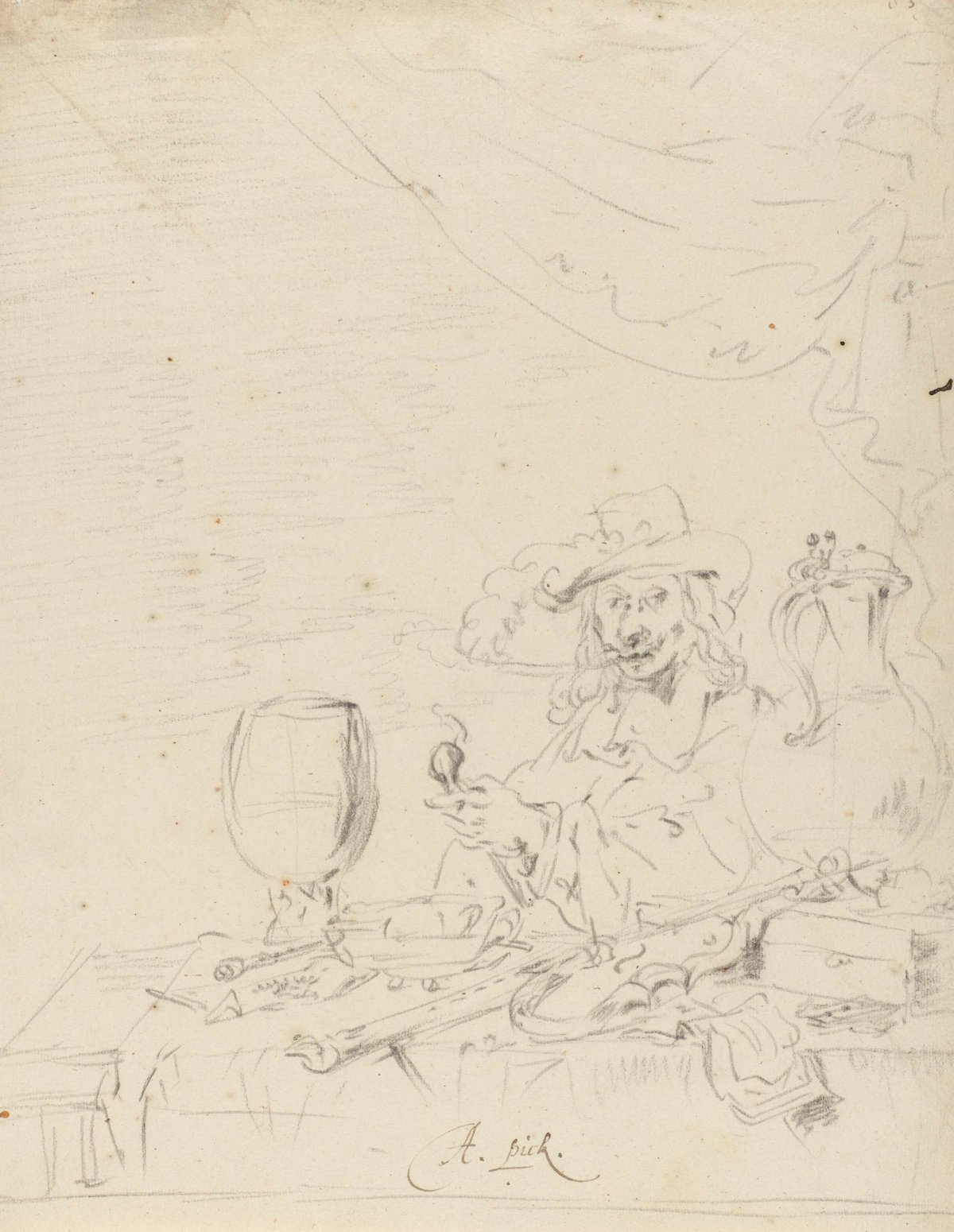 Pipe-smoking man at a table, Leonaert Bramer, 1642 - 1653