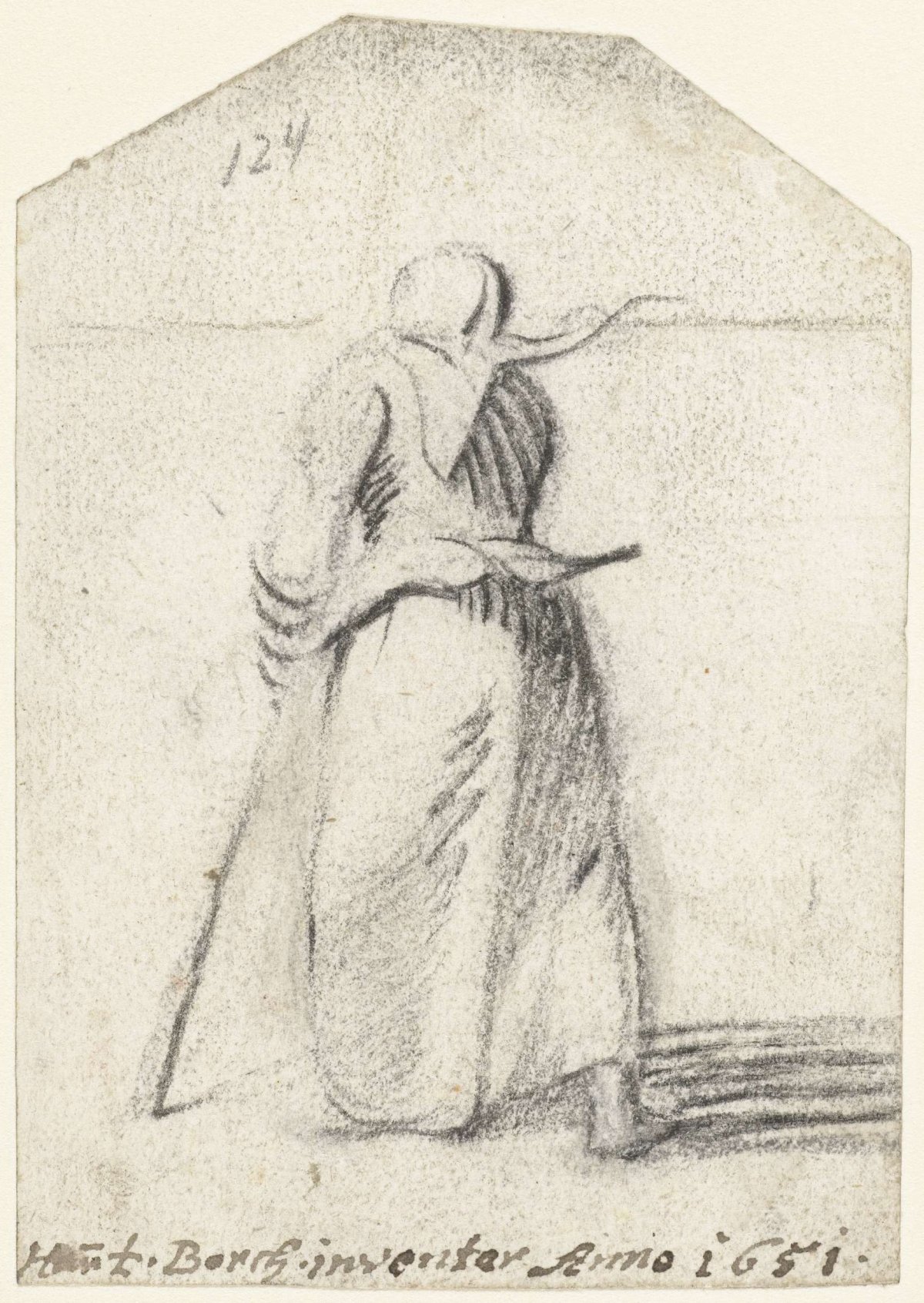 Woman leaning on a stick, from behind, Harmen ter Borch, 1651