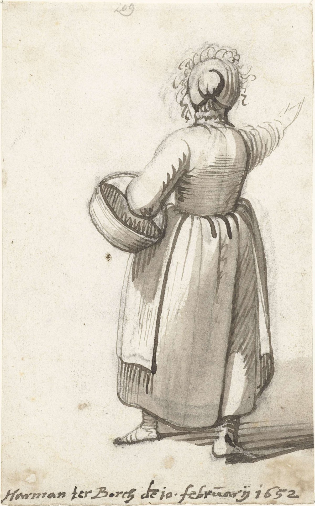 Woman with basket, gesturing to the right, from behind, Harmen ter Borch, 1652
