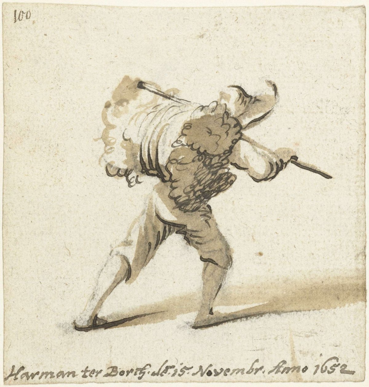 Man with bale of wool on his back, from behind, Harmen ter Borch, 1652