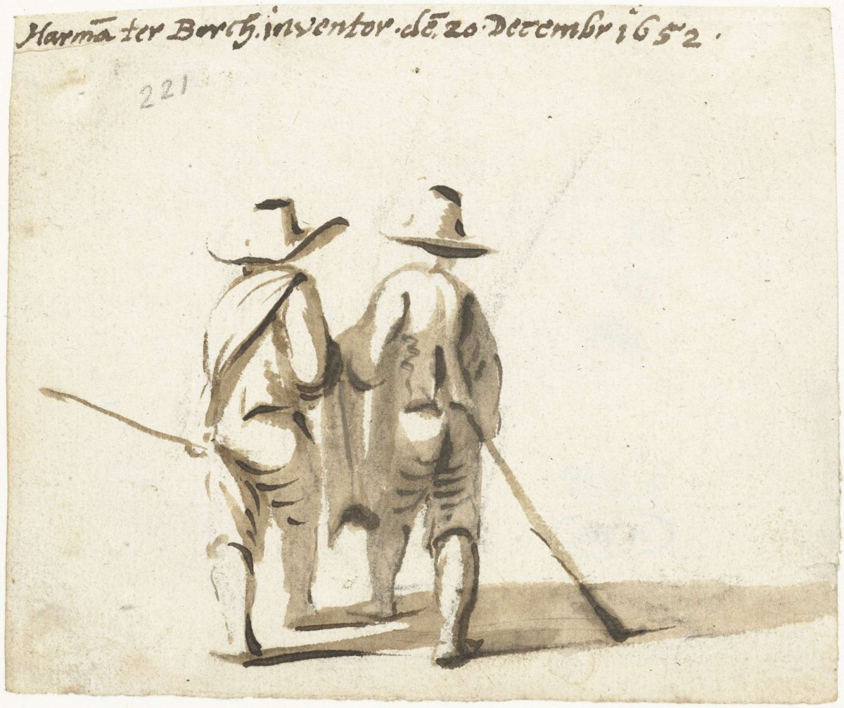 Two walking men holding a stick, from behind, Harmen ter Borch, 1652