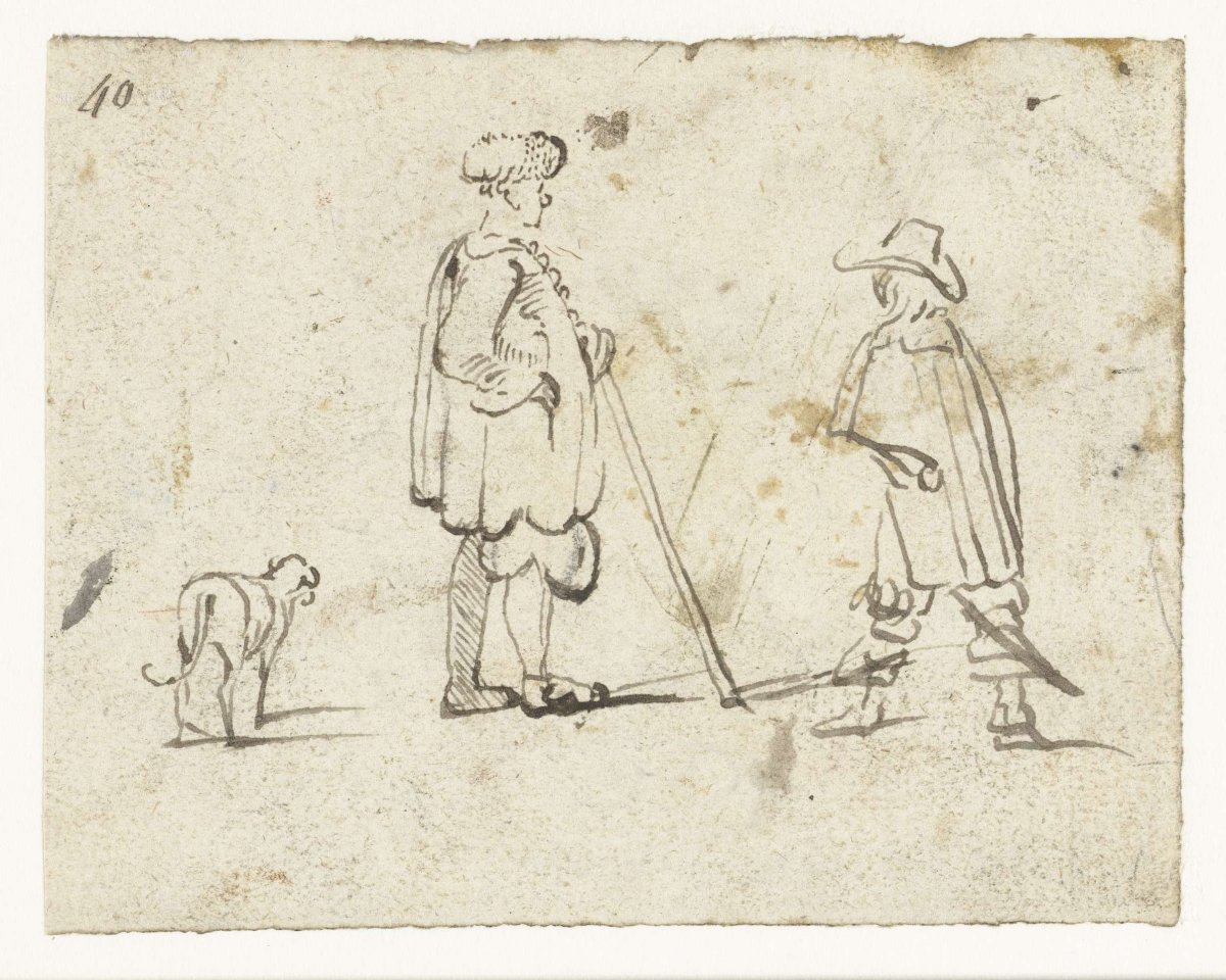 Fisherman talking with a man in a cloak, accompanied by a dog, Harmen ter Borch, c. 1649