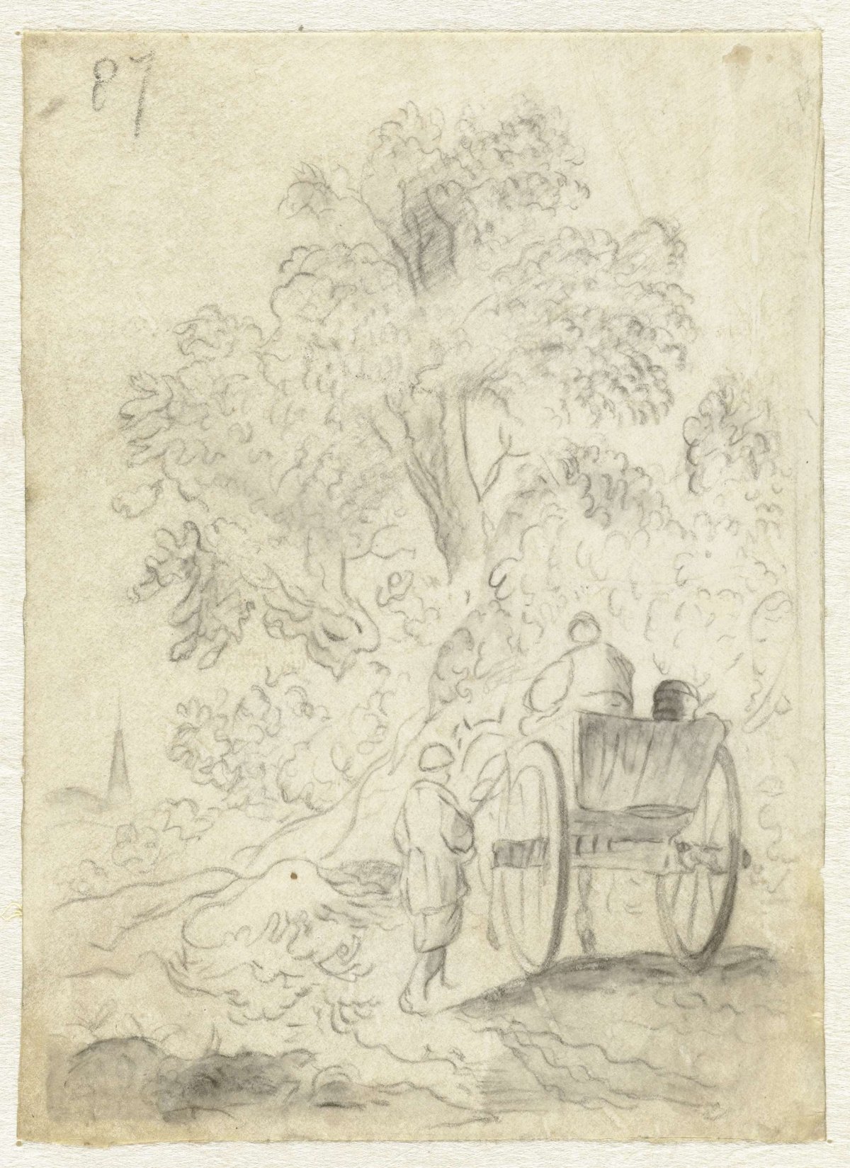 Cart with two figures on a country road along a forest, Pieter de Molijn, 1610 - 1660