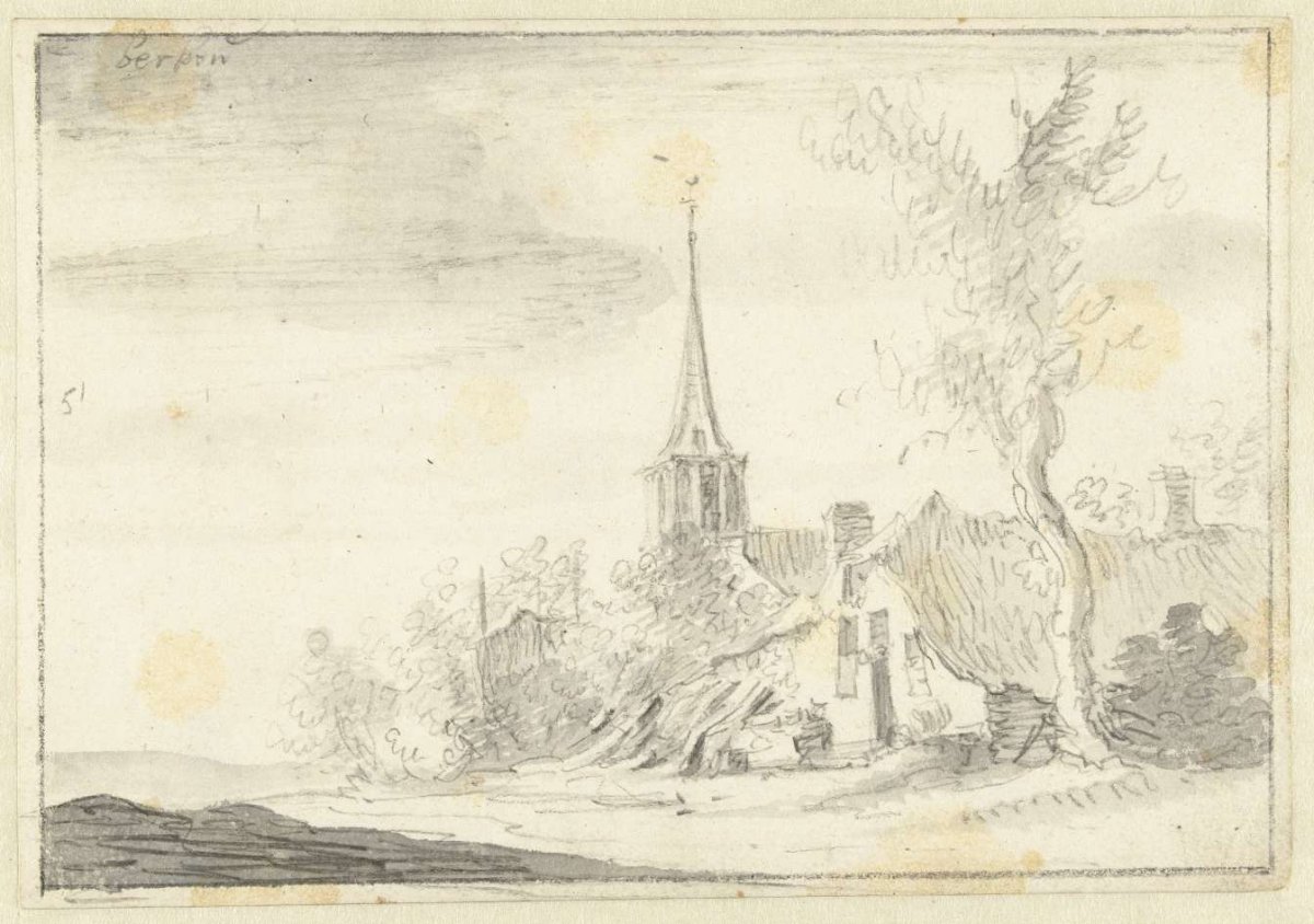 Village view, in the center a church tower with a tall spire, Pieter de Molijn, 1650 - 1660