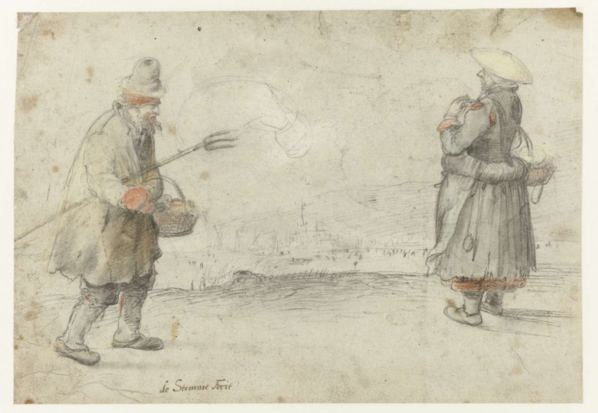 Studies of a Man and a Woman Standing on the Bank of a Frozen River, with a Town in the Distance, Hendrick Avercamp, c. 1610 - c. 1615