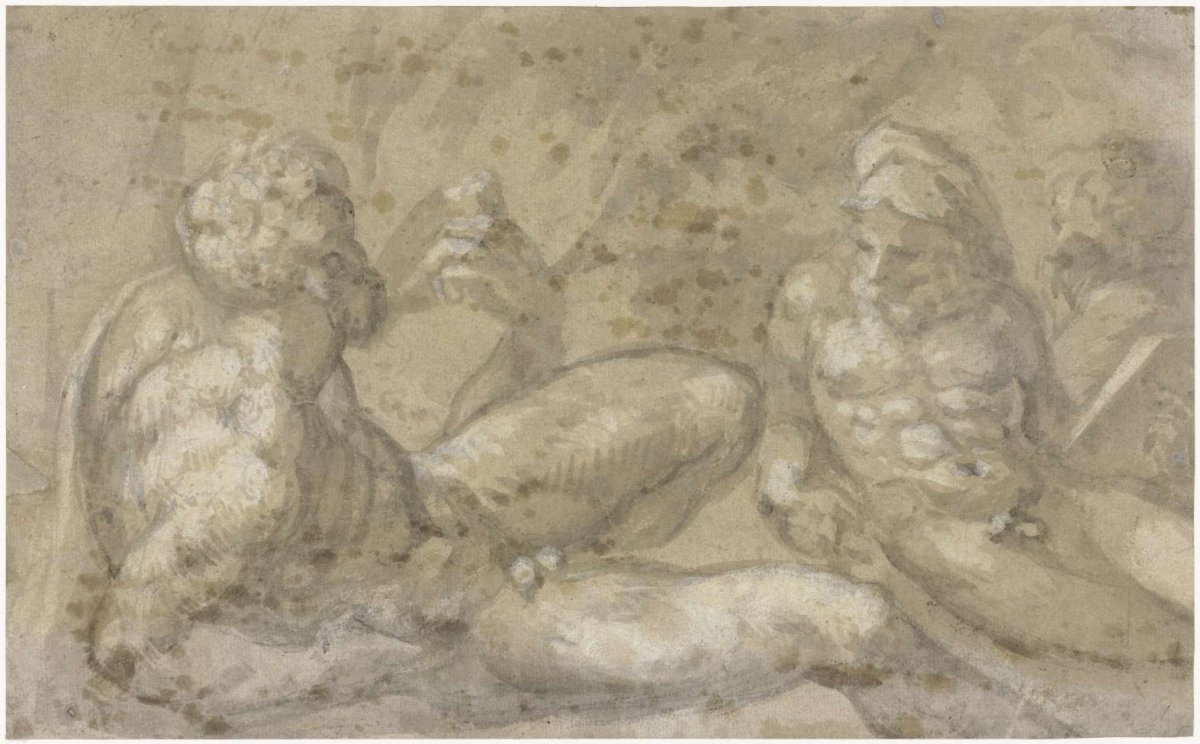 Three reclining nude men (river gods?)., anonymous, 1540 - 1600