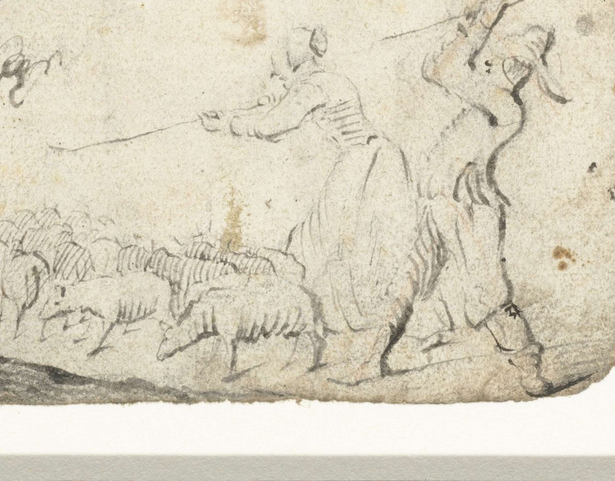 Shepherd and shepherdess drive their sheep forward, Harmen ter Borch, 1649