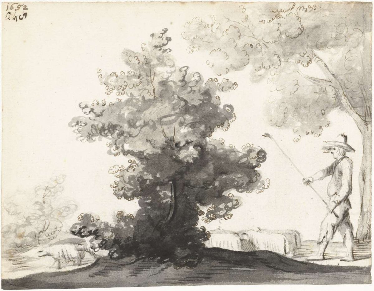 Shepherd with staff and sheep, walking along a bush, Harmen ter Borch, 1652