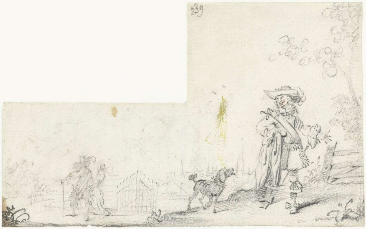 Landscape with gentleman and his dog, in the background a pair of lovers, Gesina ter Borch, c. 1659