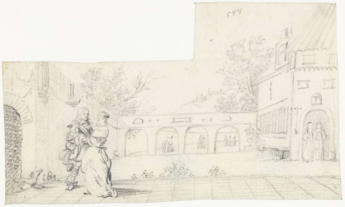 Lovers in the garden of a monastery, Gesina ter Borch, c. 1658