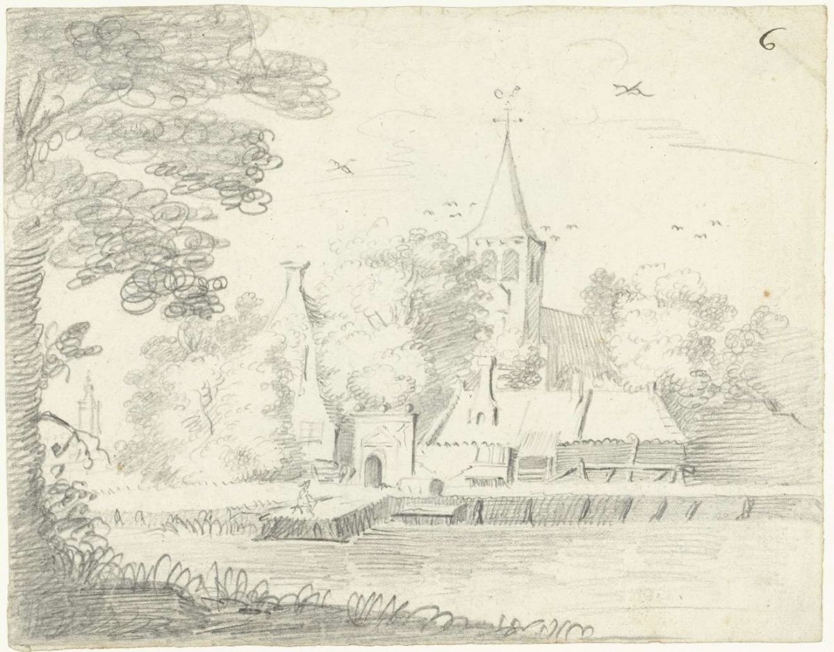 Landscape with a church behind houses along a river, Gerard ter Borch (II), 1617 - 1690