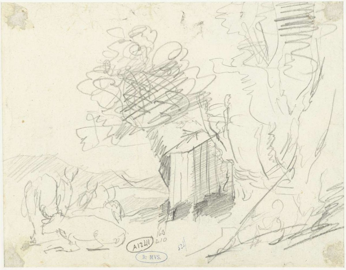 Sketches of trees, cattle and a cabin, Gerard ter Borch (II), 1627 - 1690