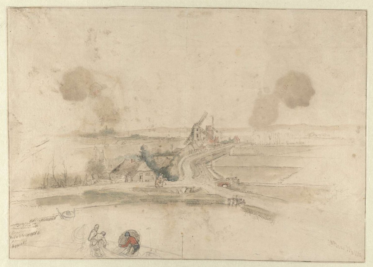 Landscape with Houses and Two Windmills along a Road, with Three Fishermen in the Foreground, Hendrick Avercamp, before 1620