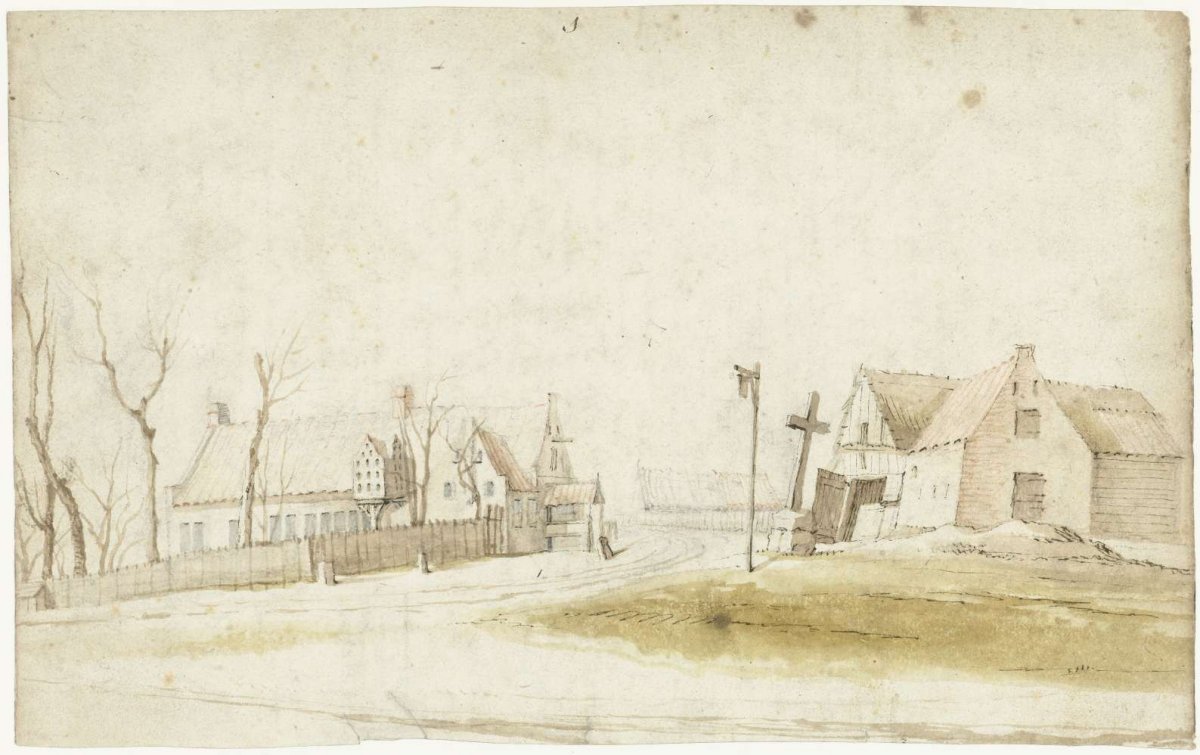 Farmhouses and a blacksmith shop on a country road, Gerard ter Borch (II), c. 1627 - 1650