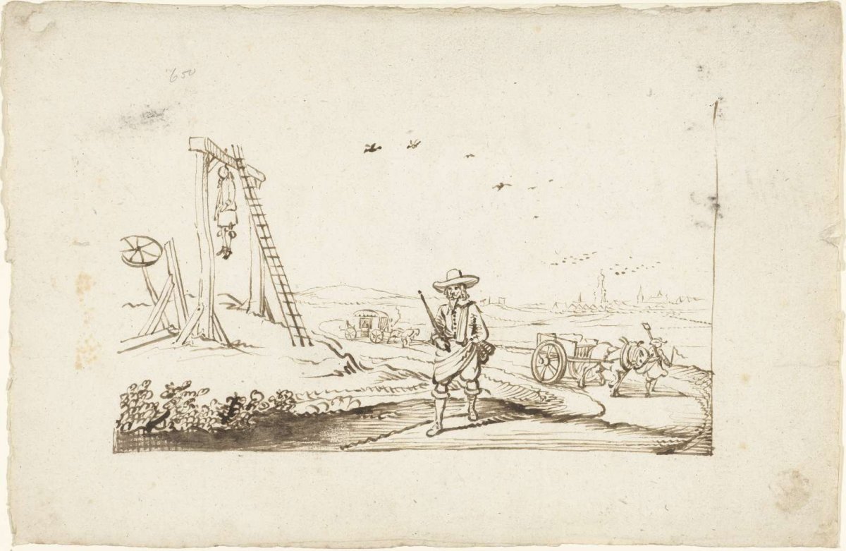 Lord walking on a country road past gallows, Gesina ter Borch, c. 1654