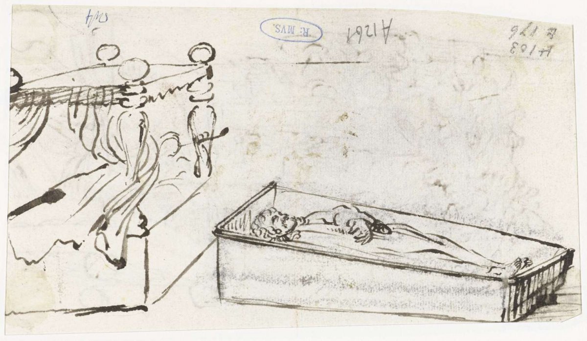 Bed and a corpse in a coffin, Gesina ter Borch, c. 1653