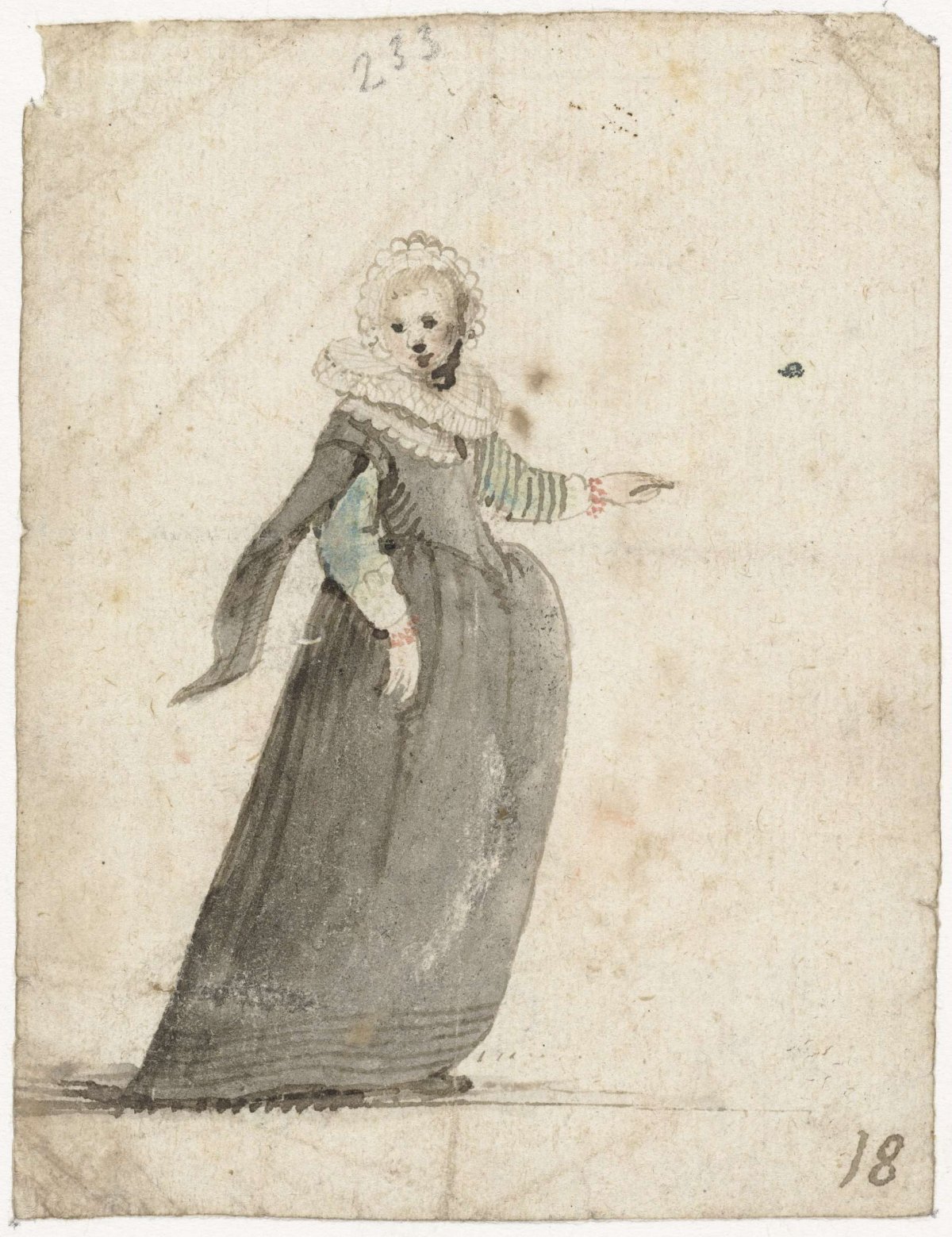 Standing woman with raised arm, Gesina ter Borch, c. 1648