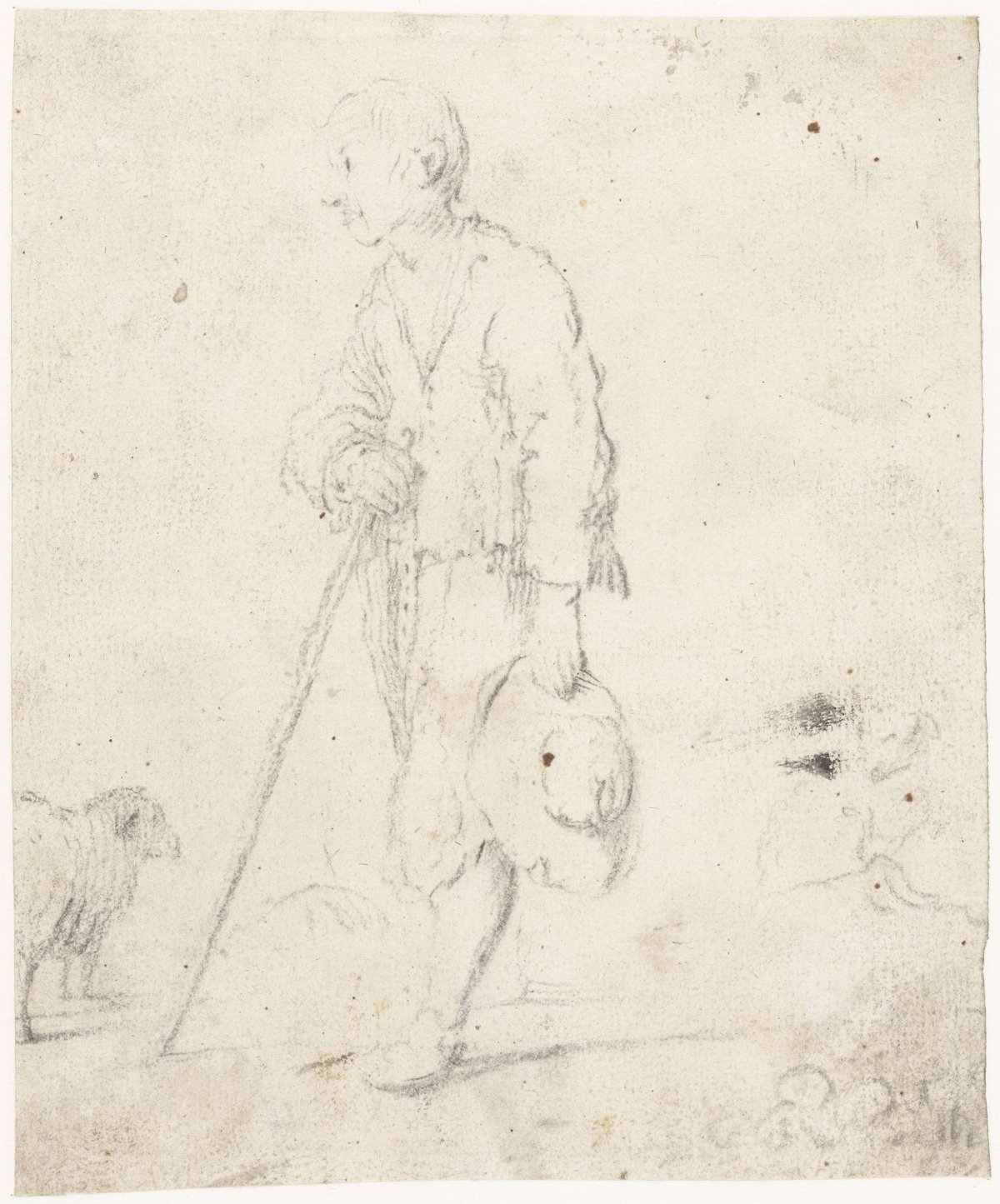 Shepherd standing next to a sheep, Gesina ter Borch, c. 1654 - c. 1655