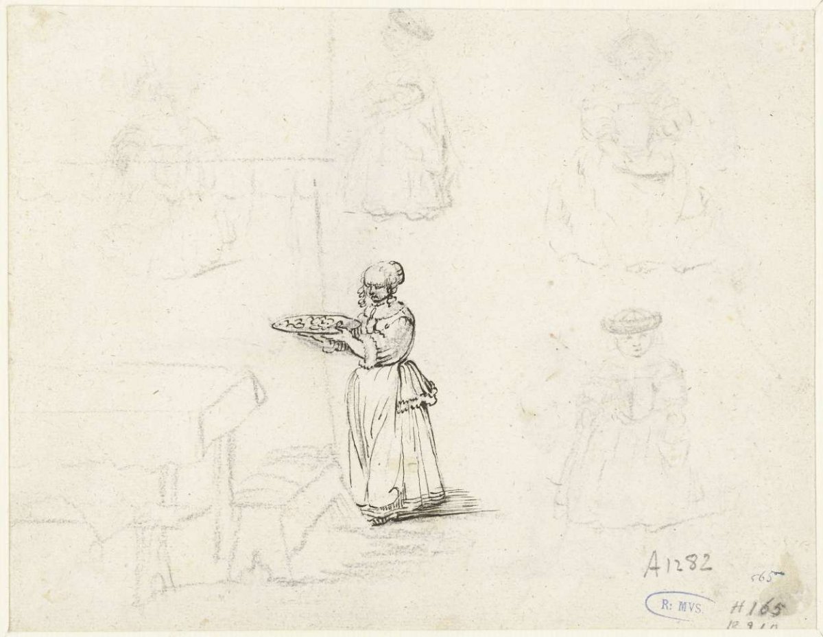 Standing woman and sketches of a child, Gesina ter Borch, c. 1661 - c. 1669