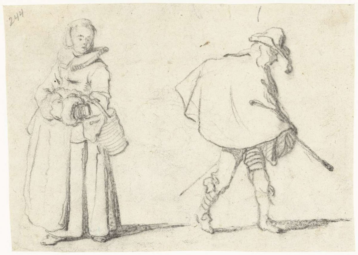 Study sheet showing a woman carrying a bucket and a man in a cape, Gerard ter Borch (II), after c. 1625 - before c. 1680