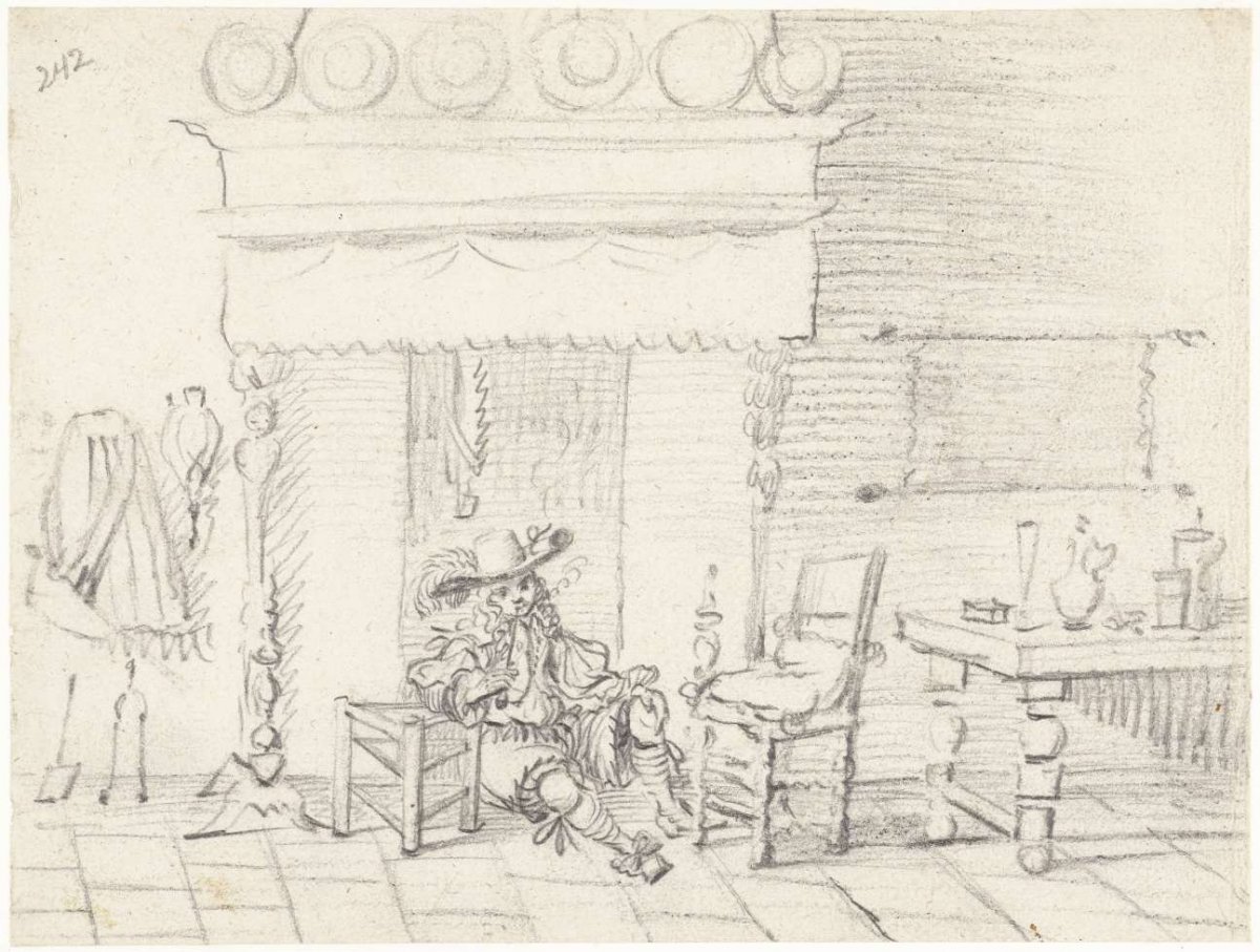 Interior with smoking man on the floor, Gesina ter Borch, c. 1660 - c. 1661