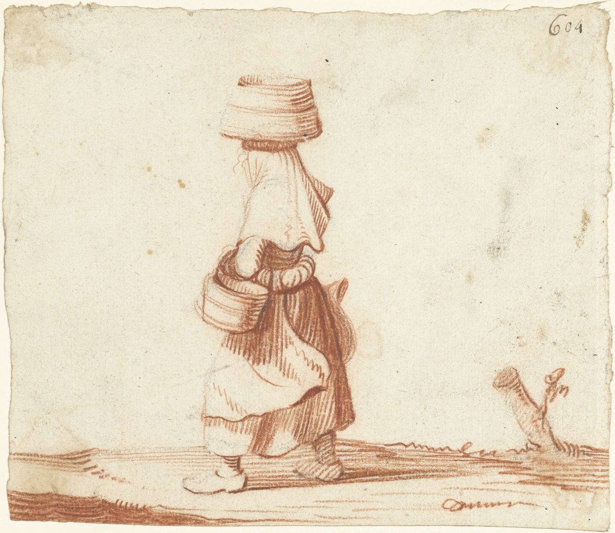 Woman carrying buckets on a path, to left, Harmen ter Borch, 1651