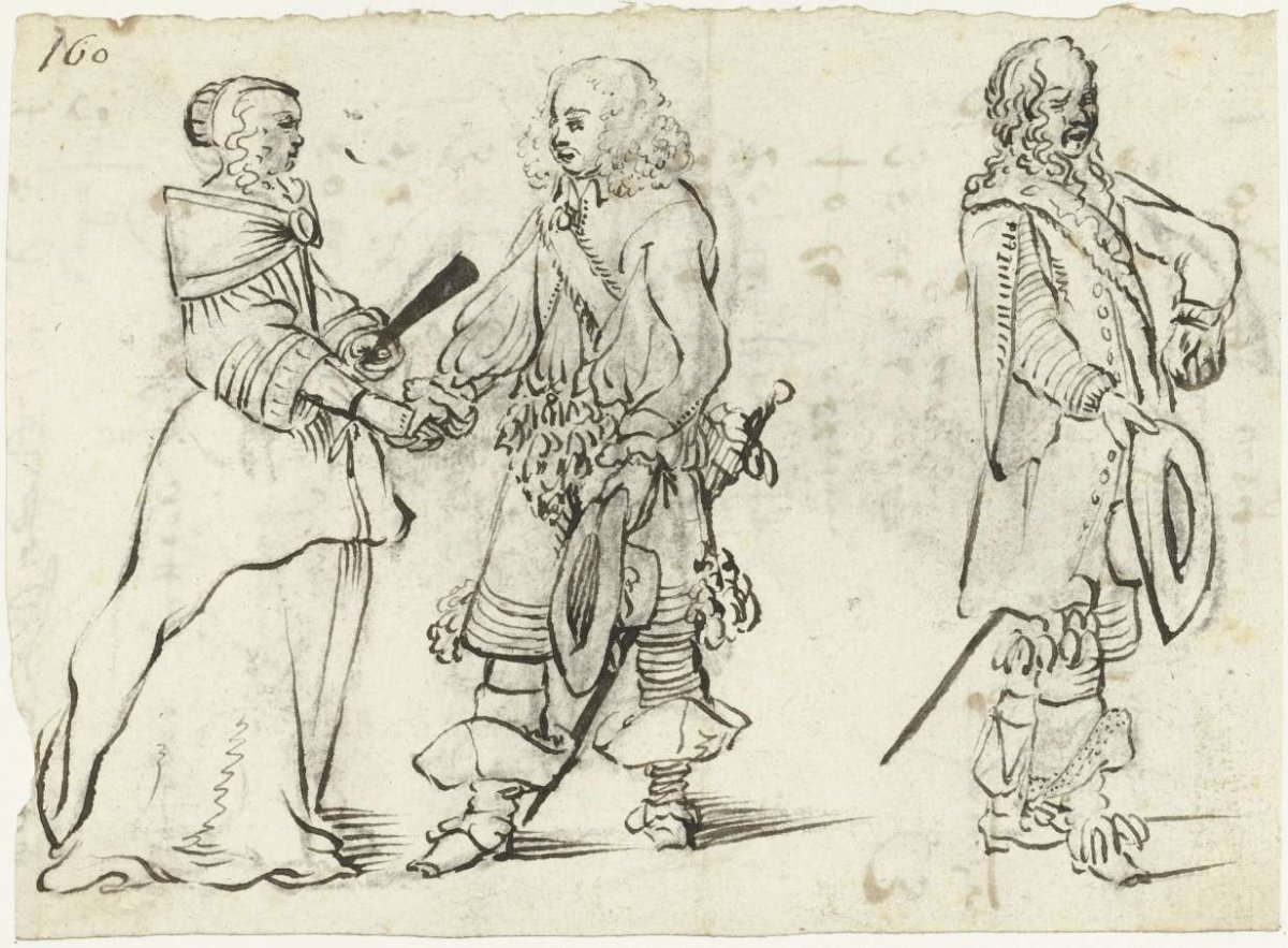 Couple shaking hands and a turned away man, Gesina ter Borch, c. 1654