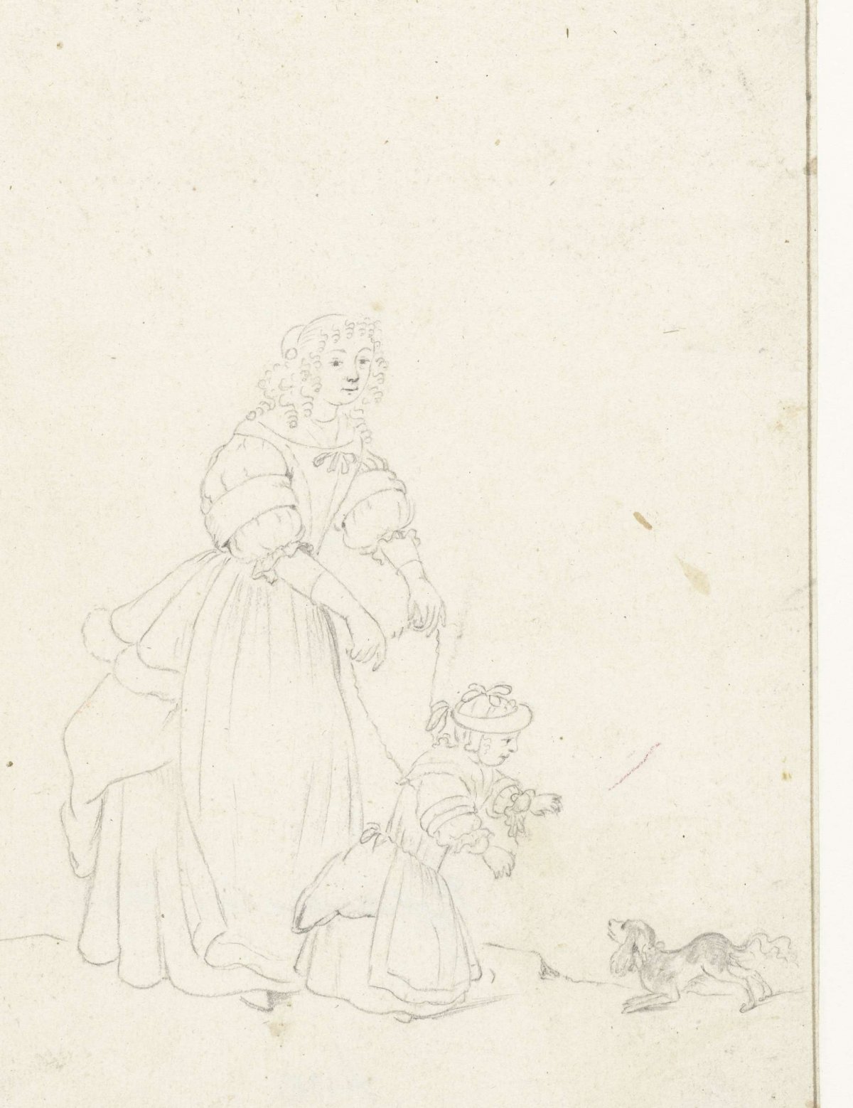 Woman walking with a child on reins and a dog, Gesina ter Borch, c. 1660 - c. 1661