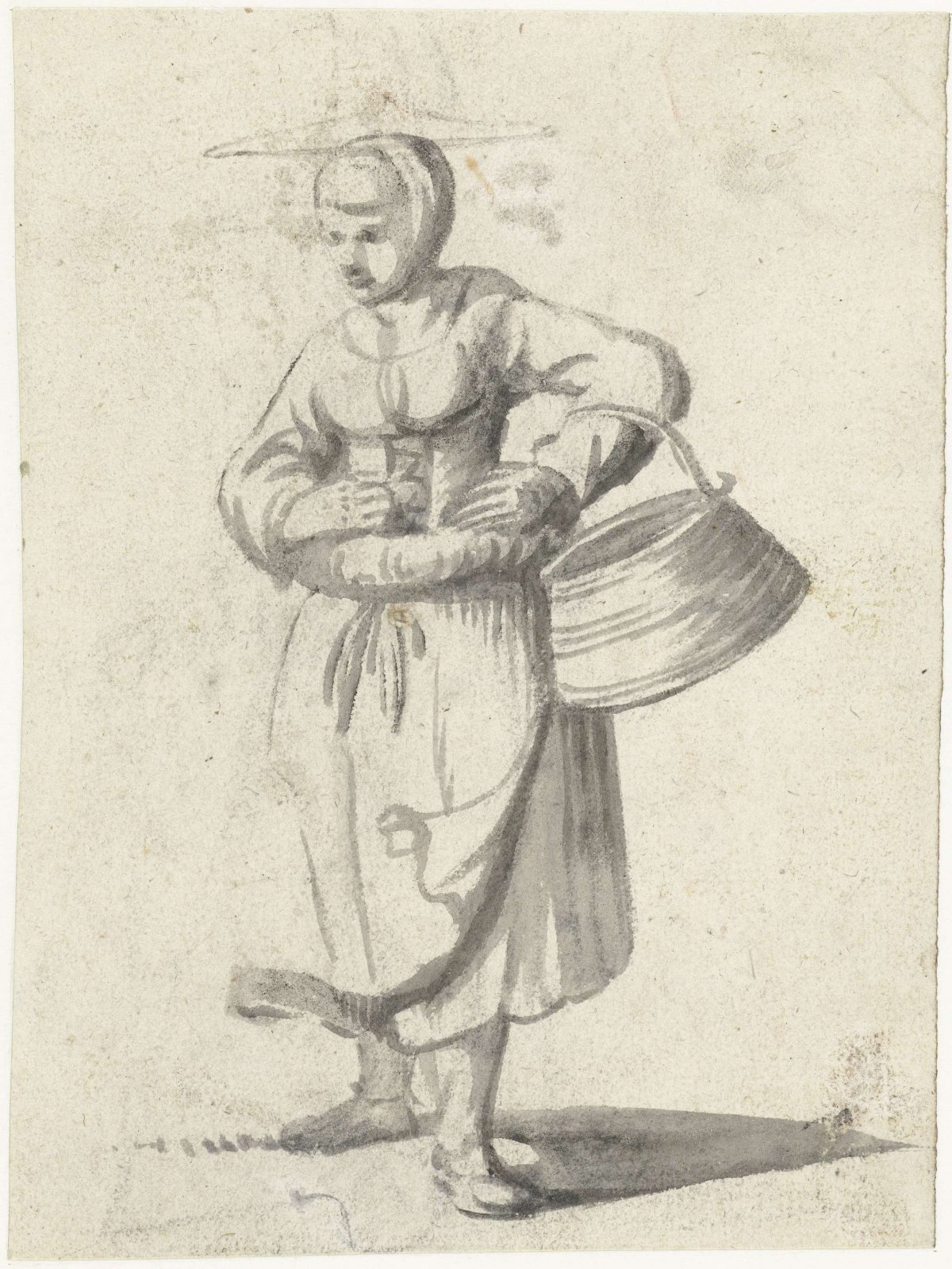 Woman with a straw hat and a bucket on her arm, Harmen ter Borch, c. 1652