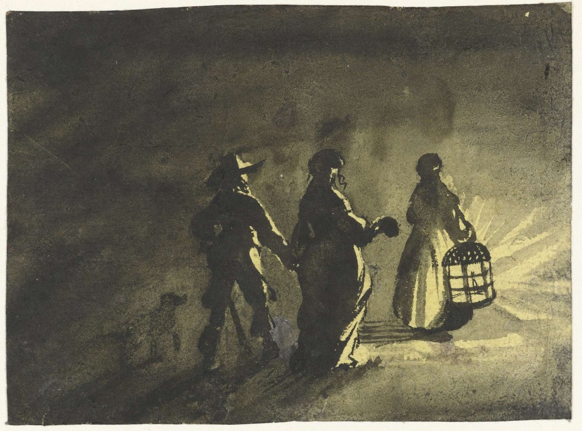 Nocturnal Scene: Couple Walking behind a Woman with a Lantern, Gesina ter Borch, c. 1655