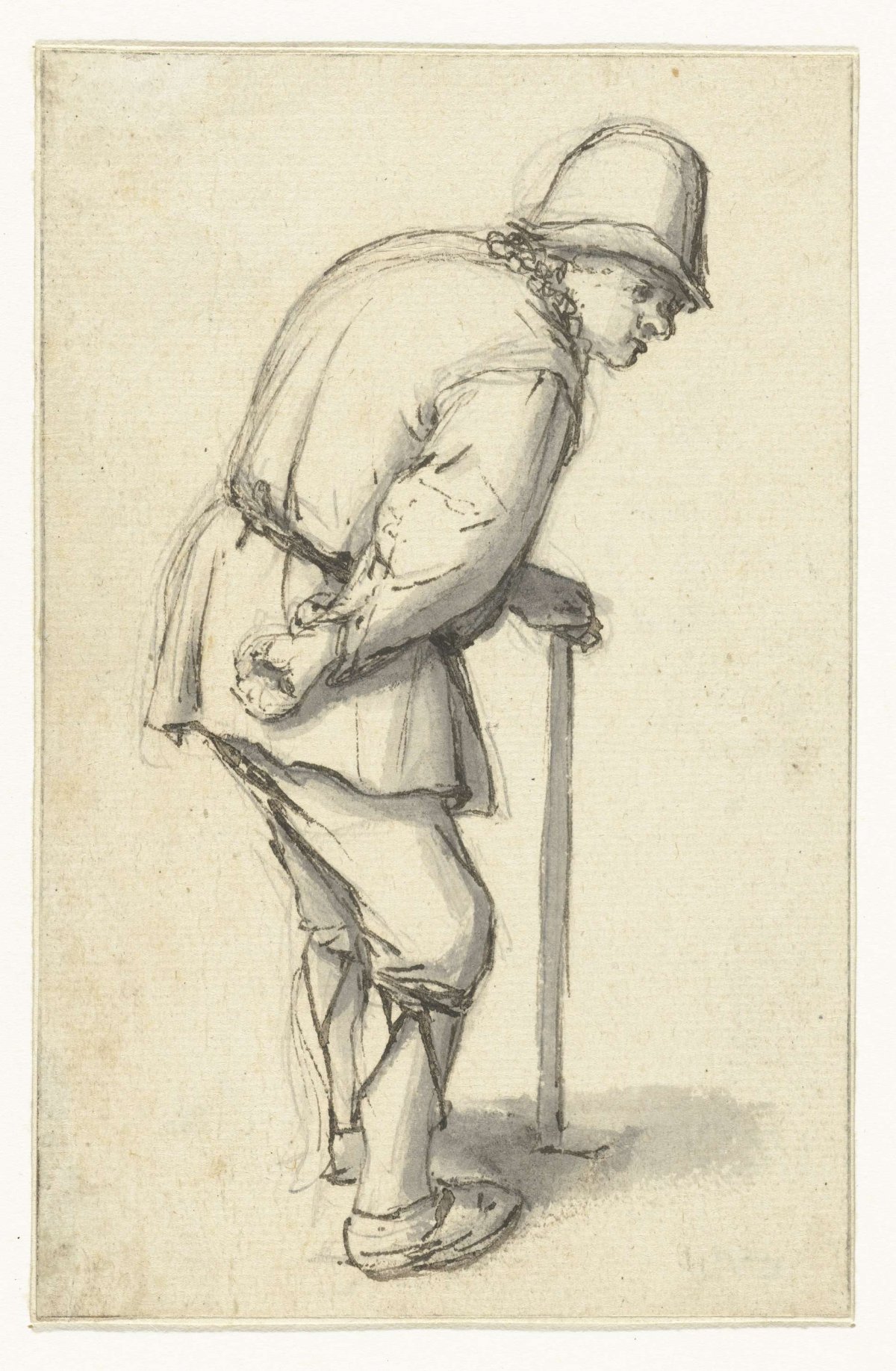 Bent man figure holding a stick, Adriaen van Ostade, 1620 - 1685