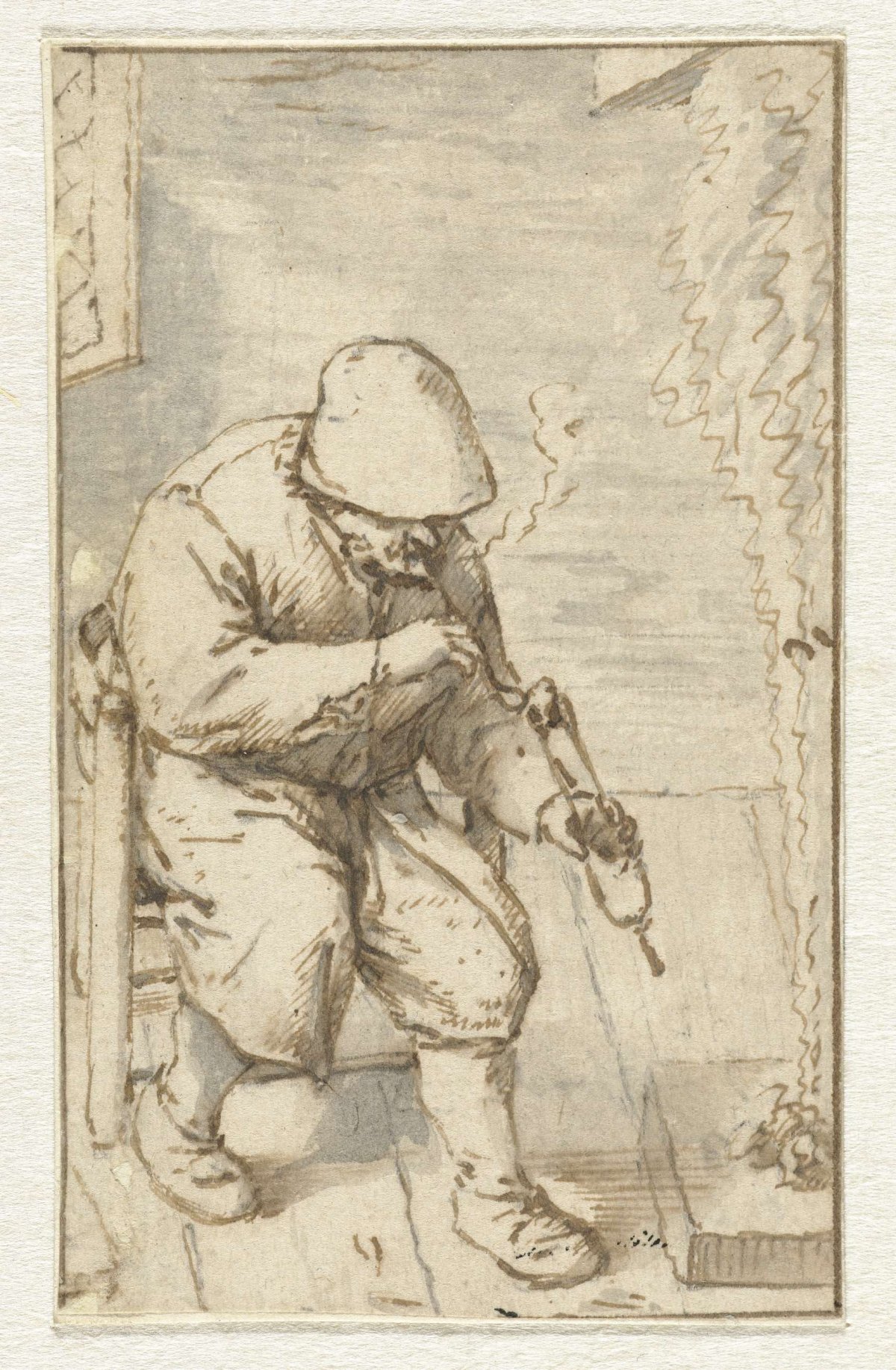 Farmer sitting by a fire, anonymous, 1670 - 1850