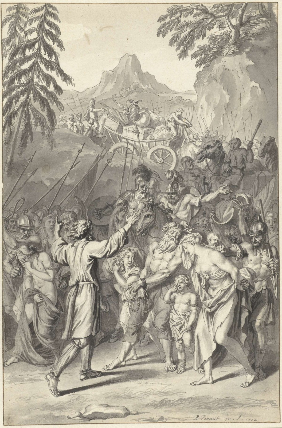 Oded with the army of the Israelites, Bernard Picart, 1712