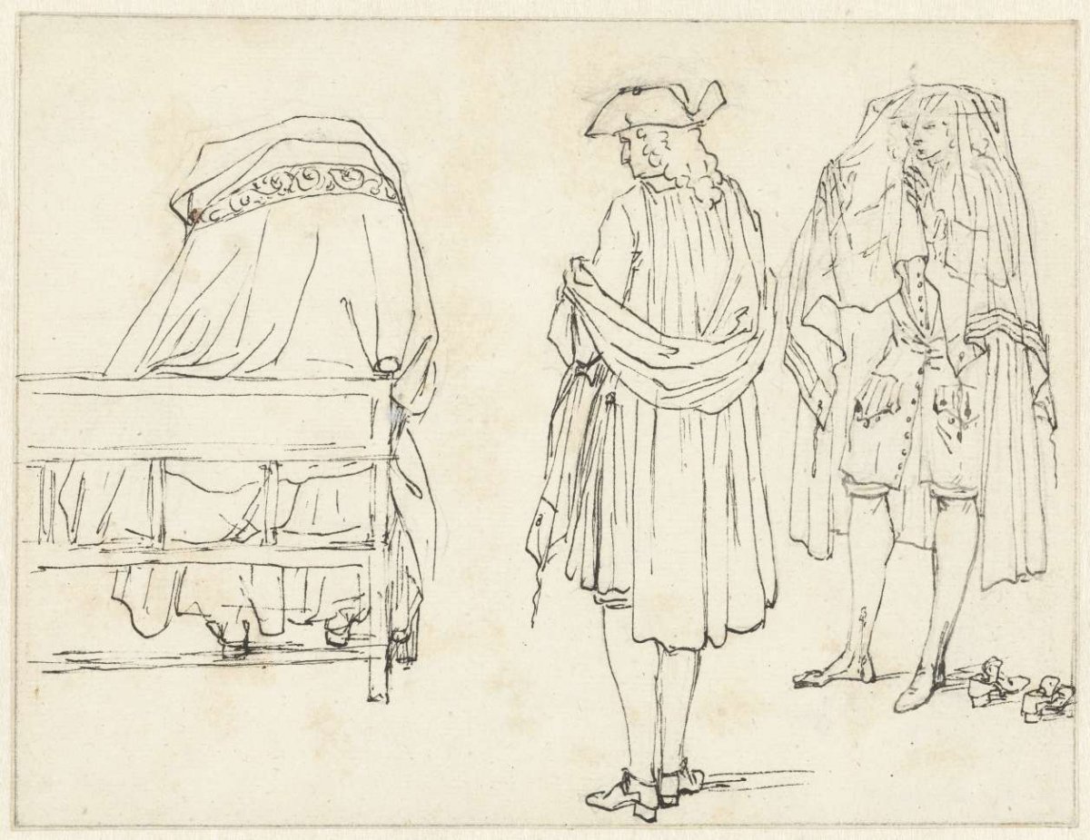 Sketches of standing men, two with cloaks over heads, Bernard Picart, 1683 - 1733