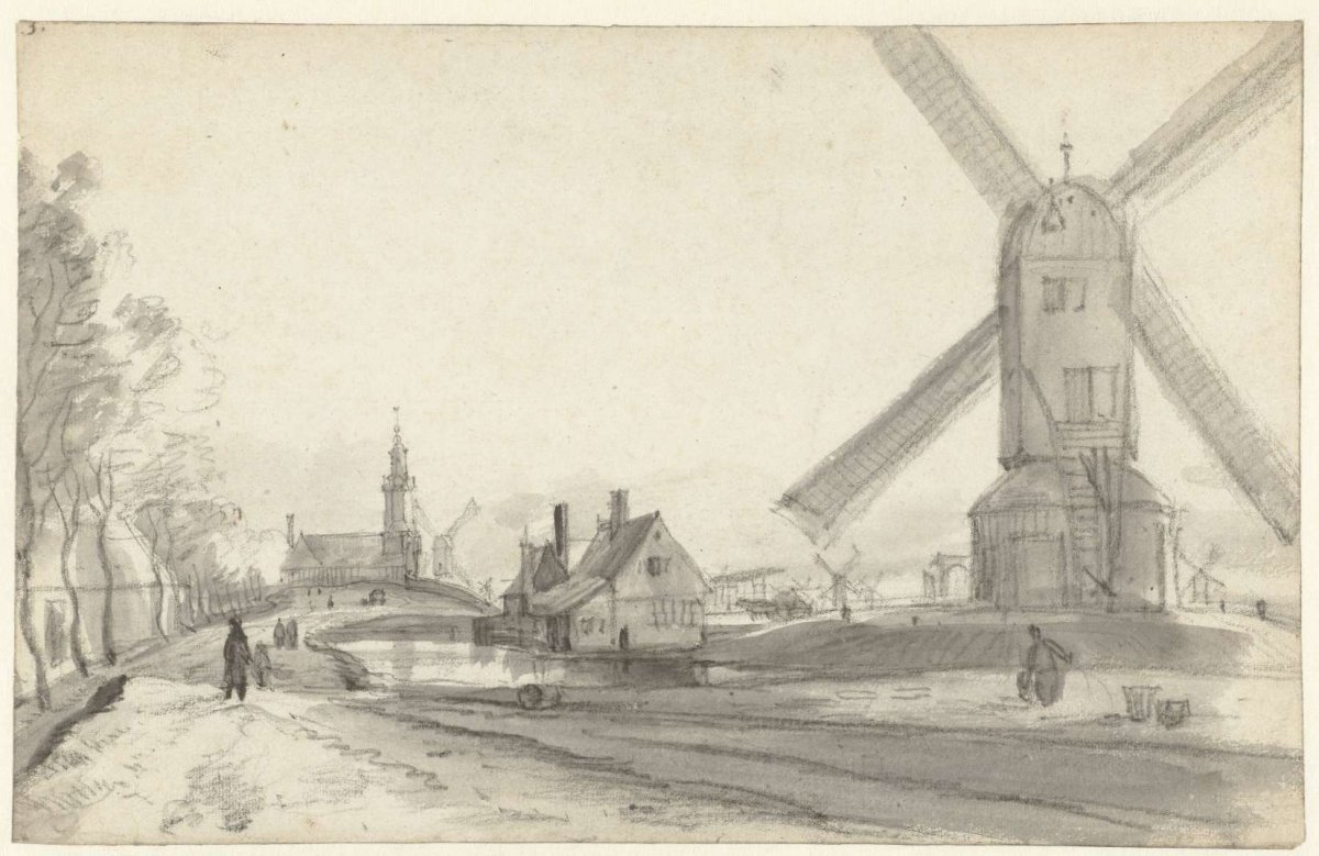 View of the Bulwark De Westerbeer, with the Mill De Beer, near the Haarlemmerpoort, Amsterdam, Roelant Roghman, c. 1650